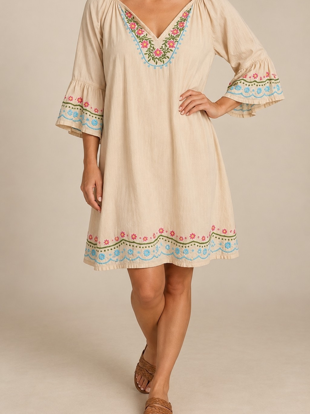 Aphorism Sleepwear Large 100% Cotton Embroidered Floral Boho Nightgown Tunic